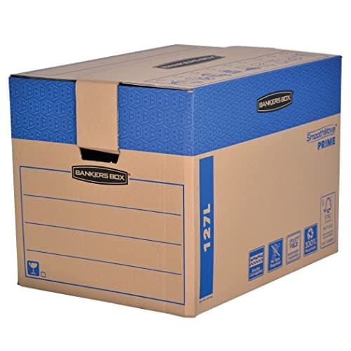 Image of 5 BANKERS BOX EXTRA LARGE 127L Moving & Storage Cartons – Strong Double Wall SmoothMove Cardboard with Handles, FastFold Assembly, Heavy Duty Design, 60.5 × 45.5 × 45.5 cm, Pack of 5