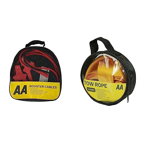 Image of AA Insulated Booster Cables/Jump Leads AA4550 - For Petrol/Diesel Engines Up to 3000cc, 3 m Cable, Storage Bag & 3.5T 4 m Heavy - Duty Tow Rope AA6202 - Yellow Strap-Style Towing Belt for Car