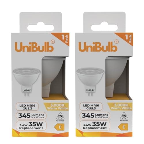 Image of Unibulb GU5.3 MR16 3.4W (Replaces 35W), Energy Efficient LED Spotlight Downlight Ceiling Light Bulb, 345 Lumens, 3000K Warm White, 35W Equivalent, 12v, 25,000hr Lifespan, Non-Dimmable (2)