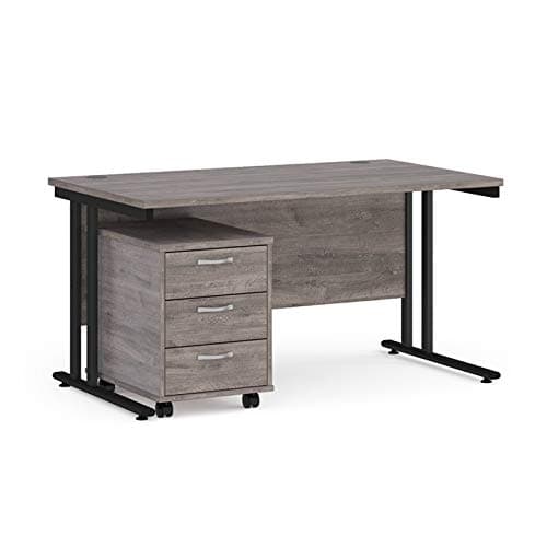 Image of Mr Office Maestro 25 straight desk 800mm deep with black cantilever frame and 3 drawer pedestal bundle, Grey oak, 1400