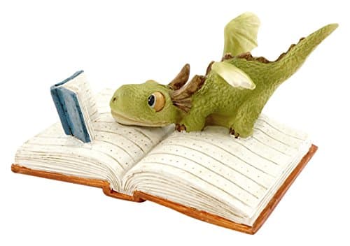 Image of Top Collection Miniature Fairy Garden and Terrarium Mini Dragon Reading Figurine, Green White