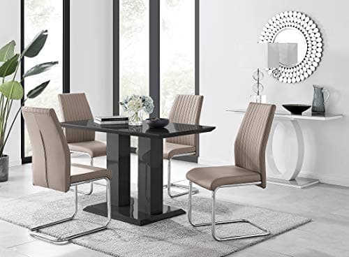 Image of Furniturebox UK Imperia Modern Black High Gloss Dining Table And 4 Lorenzo Chrome Leather Dining Chairs Set (Dining Table + 4 Cappuccino Grey Lorenzo Chairs)