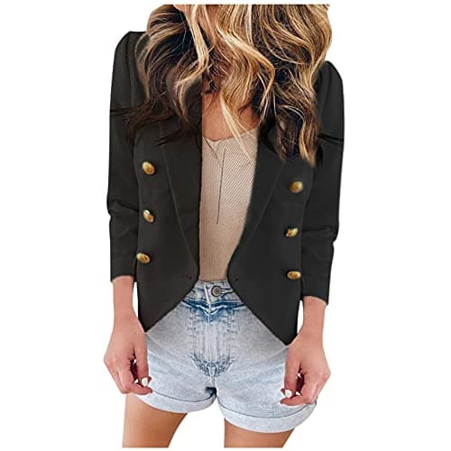 Image of HHMY Women's Blazer, Black, L - Elegant Open Front Double Breasted Lapel Button Classic Vintage Jacket with Pockets