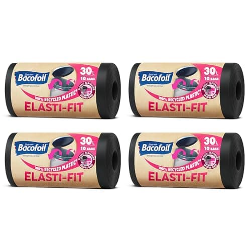 Image of Bacofoil Elasti-Fit Bin Liners - 30L Recycled bin bags, 4 Rolls (48 Bags) - Leak-Proof, Elastic Fastening for Secure Fit - Made from 100% Recycled Plastic - Eco-Friendly Waste Disposal.