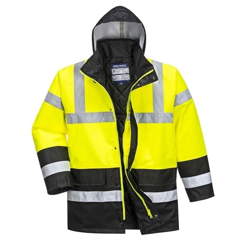 Image of Portwest S466 Hi-Vis Contrast Winter Traffic Jacket Mens Waterproof Reflective Safety Workwear Cold Weather Protection 300D Industry High Visibility, Yellow/Black, XXXL
