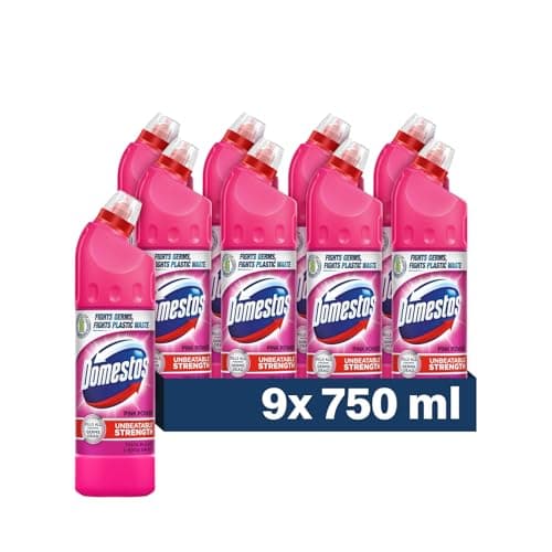 Image of Domestos Thick Bleach Pink Power Disinfectant 750ml Multi-Purpose Surface Cleaner Gel, Anti-Bacterial, Limescale Remover for Toilet, Bathroom & Kitchen & FabFinds Disposable Gloves (Buy 9)