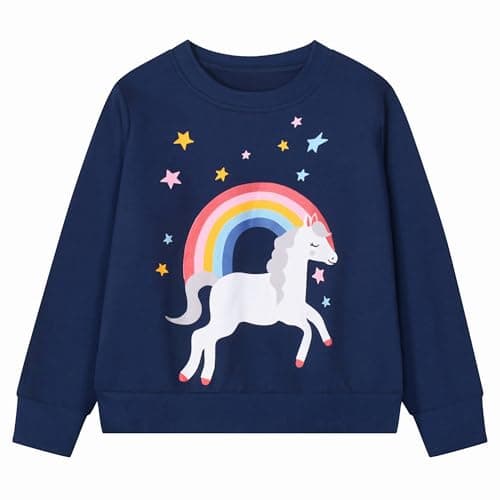Image of Gumyoss Girls Sweatshirt 100% Cotton Unicorn Pullover Crew Neck Jumper for Little Girls Long Sleeve Tops for Toddler, 2 Years, Rainbow Dark Blue