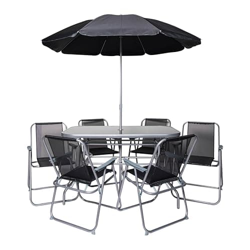 Image of Samuel ALEXANDER 6 Person Garden Furniture Patio Set Table, 6 Chairs & Parasol with Black Glass