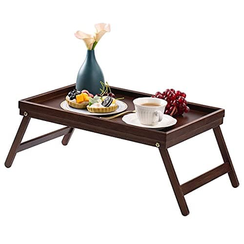 Image of Vencier Bamboo Bed Tray, Folding Legs, Raised Edge, For Breakfast in Bed and Serving, HWD: 22x64x31cm, White (Brown)
