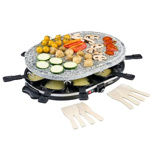 Image of Cooks Professional Electric Raclette Grill 1200W with Stone Plate | Includes 8 Cheese Fondue Pans, Wooden Spatulas, Non-Stick Grilling Surface & Thermostat Control | Perfect for Parties & Group Dining