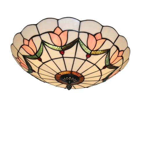 Image of Skyweel 16 Inch Tiffany Style Ceiling Light Flush Mount Ceiling Light Flower Vintage Chandeliers Bedroom Pendant Lighting Fixtures E27 Bulbs (16 Inch Pink)