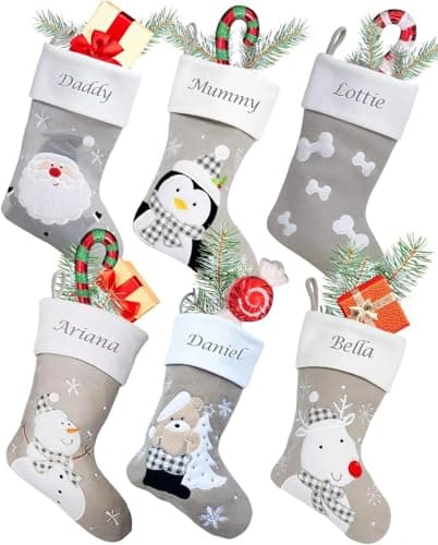 Image of Hoolaroo Personalised Christmas Stockings Custom Silver Grey Embroidered Xmas Stocking With Name - Kids Family Decorations Reindeer