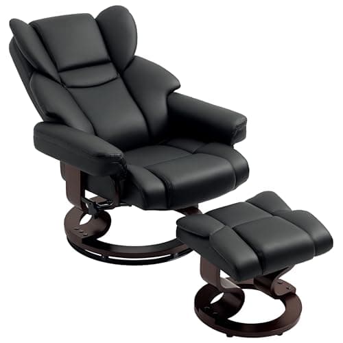 Image of HOMCOM 360° Swivel Recliner Chair with Footstool, PU Leather Manual Recliner Armchair with Footstool, Solid Wood Base, Upholstered Reclining Chair for Living Room, Bedroom, Office, Black