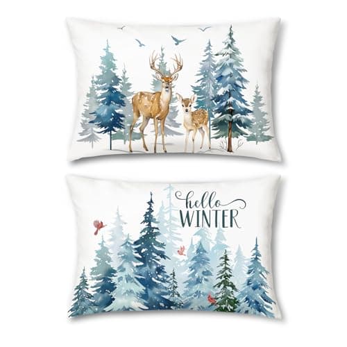 Image of Bonhause Hello Winter Cushion Covers 30 x 50 cm Pine Trees Forest Reindeer Decorative Throw Pillow Covers Velvet Pillowcases for Sofa Bed Home Patio Winter Holiday Decor Set of 2