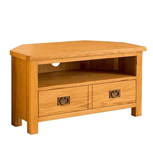 Image of Lanner Oak Corner TV Stand Unit for Living Room or Bedroom | Roseland Furniture Traditional Rustic Waxed 90 cm Solid Wood Television Cabinet Suitable for TVs up to 40 inches | Fully Assembled