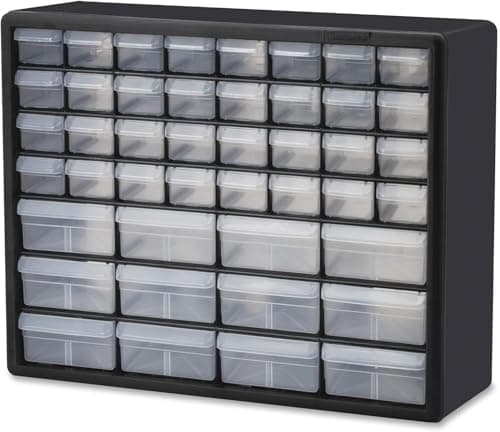 Image of Akro-Mils 10144 44-Drawer Plastic Drawer Storage Cabinet for Garage Organization, Teacher Toolbox, Makeup Organizer, and More, 50.8 cm W x 16 cm D x 40.6 cm H, Black