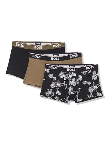 Image of BOSS Men's 3-Pack Multi Design Bold Logo Trunks, Black Flowers/Khaki Green/Black, S