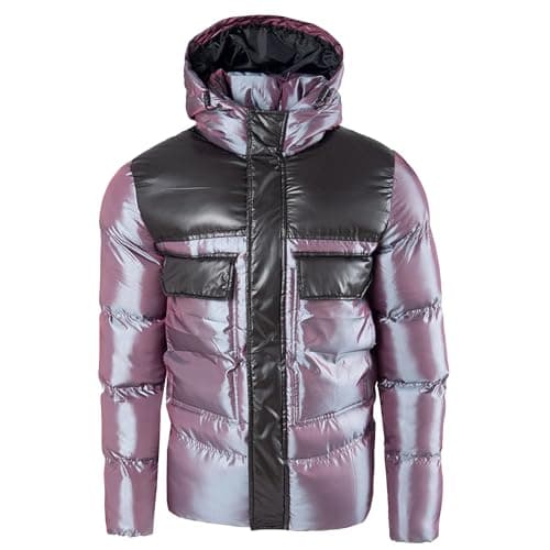 Image of Soul Star Mens Puffer Jacket with Hood, Shiny Metallic Design, and Multiple Pockets Jacket for Men UK, Purple Colour, Size-S