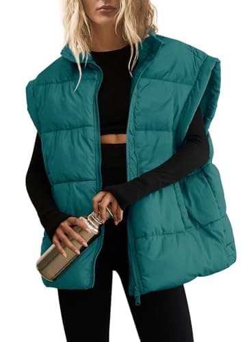 Image of SENSERISE Womens Oversized Puffer Vest Quilted Vest Lightweight Sleeveless Zip Up Padded Jacket Outerwear Winter Fall Outfits, Teal, M