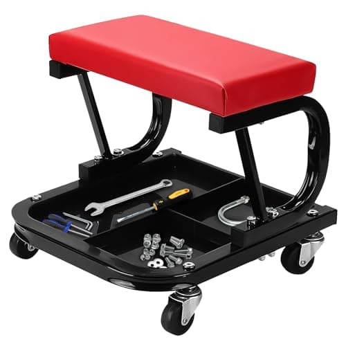 Image of Crystals Heavy Duty Workshop Seat with Wheels – 150KG Support, Padded Cushion & Tool Tray, Durable Rolling Stool for Mechanics, Garage & DIY Use