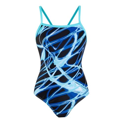 Image of OXUBOAO Kids Swimming Costume for Girls Swimsuit One Piece Bathing Suit Race Back with Thin Straps Girls Swimwear Age 7-13 Years (Blue,11-12T)