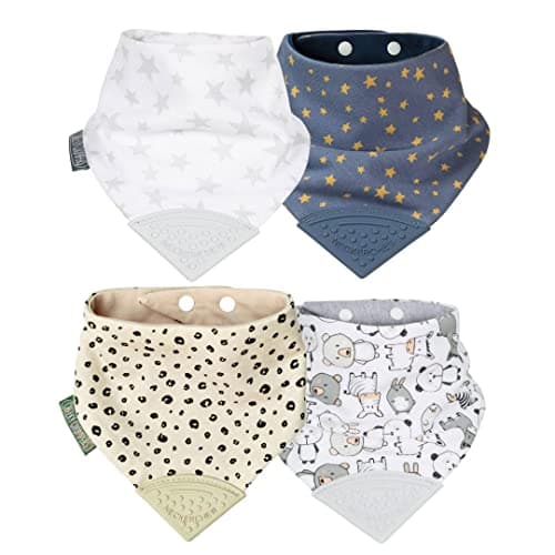 Image of Cheeky Chompers Teething Bibs | 2 months+ Reversible Bandana Bib & Baby Teether | Multi-Award Winning Neckerchew (Stars & Spots, 4 Pack)