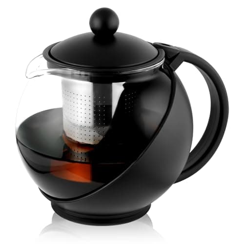 Image of HOTUT Round Tea Pot, 750 ml Glass Teapot, Borosilicate Glass Tea Maker with Removable Stainless Steel Strainer and Glass Lid, Heat Resistant Glass Jug, for Preparing Loose Teas, Flower Tea, Drip-Free