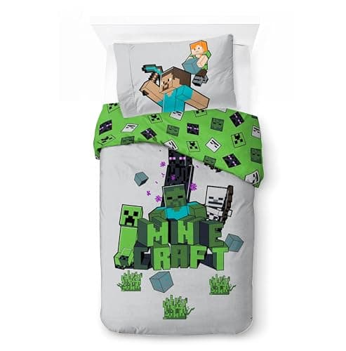 Image of Minecraft Kids Bedding Set | Single Size Duvet Cover 140x200 cm with Pillowcase 50x70 cm, 100% Cotton | Soft, Colorful & Riversible Bedlinen Set for Kids | Official Minecraft ''Build & Explore''