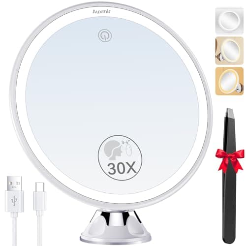 Image of Auxmir 30X Magnifying Mirror, Rechargeable LED Magnifying Mirror with Strong Locking Suction Cup, 360° Rotating 3 Light Colors Dimmable Shaving Mirrors with Touch Switch, Bathroom Mirrors with Tweezer