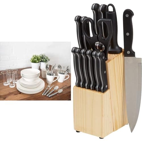 Image of Sabichi 36pc Day to Day White Dinner Set - Microwave & Dishwasher Safe - Plates and Bowls Set & Amazon Basics 14-Piece Knife Set with Block, Black