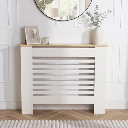 Image of OHS Small Radiator Cover with Oak Look Top, Stylish Slatted Design Wood Frame Shelf Small Oak Radiator Cover MDF for Living Room Bedroom Hallway, Cream