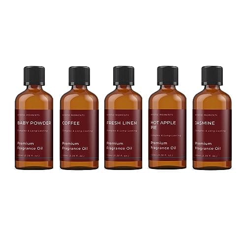 Image of Mystic Moments | Home Sweet Home Fragrance Oil Gift Starter Pack 5x100ml | Baby Powder, Hot Apple Pie, Coffee, Fresh Linen, Jasmine | Perfect as a Gift