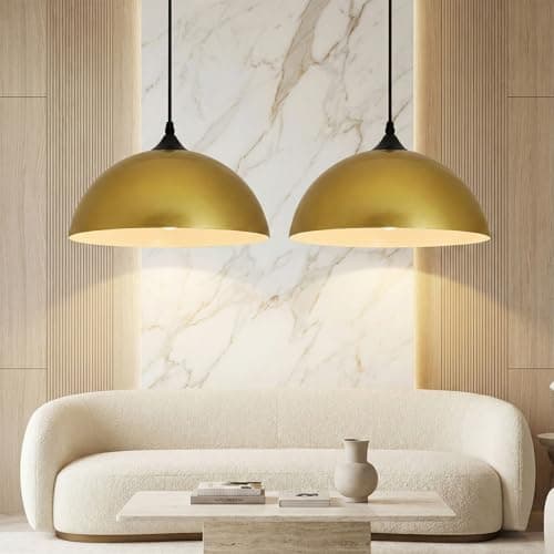 Image of Tomshine Modern Golden Iron Pendant Lamp Shades - 2-Pack Semi-Circle Pendant Lights Ø30cm, Industrial Design, E27 Lamp Socket, Ideal for Kitchen, Dining Room, Living Room & Hallway