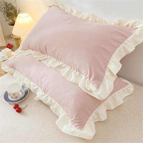 Image of LLECDASEUI 1/2 Pair Vintage French Pillowcases with Ruffles - 29"X18" White Shabby Chic Pillow Shams, Country Girl Pillow Cover (Pink,2 Pair)