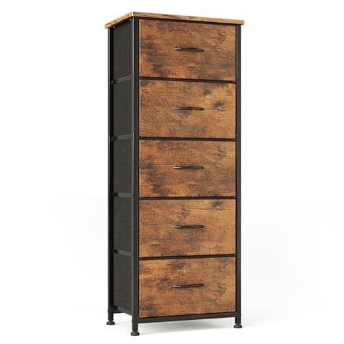 Image of CAIYUN Chest of Drawers, 5 Drawer Tall Dresser, Fabric Dresser for Bedroom Closet Entryway Hallway Nursery Bedside, Storage Organiser Unit, Rustic Brown