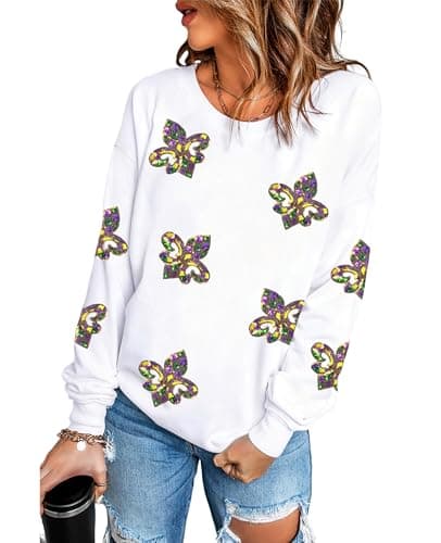 Image of SELINK Womens Mardi Gras Sweatshirt Oversized Crewneck Sequin Long Sleeve Casual Pullover Tops, Black, XXL