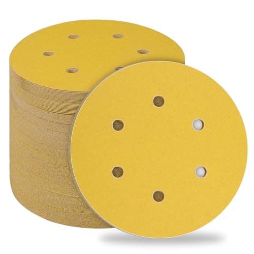 Image of STEBRUAM 50pcs 150mm sanding discs,Sanding Discs Pads for Random Orbital Sander pads and All Oscillating Tools,Yellow sanding discs Hook and Loop 120 Grit 6 Hole 6 Inch Round