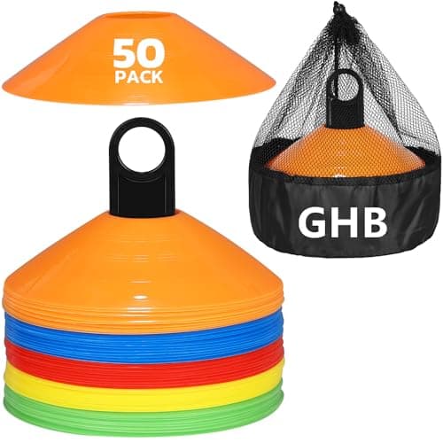 Image of GHB Sports Marking Football Cones Football Training Cones Marker Cones Discs Set with Carry Bag and Cone Holder Space Marking Cones for Kids Football Practice, Sports, Games, Home Fitness (50)