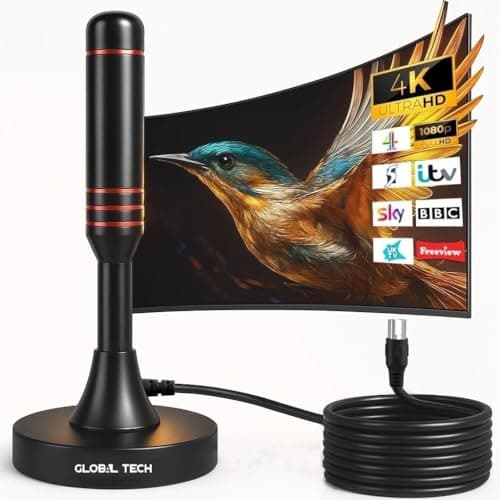 Image of Indoor TV Aerial - High Gain Portable Digital TV Aerial Freeview HD TV Antenna with Magnetic Base - Digital TV Ariels Indoor Supports 4K 1080P with Long 9.8ft Coax Cable for All TVs