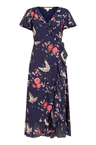 Image of Yumi Navy Satin Crane Print Wrap Dress 14 Navy