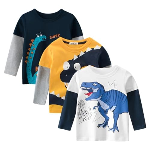 Image of amropi Baby Boys Striped T-Shirt 3 Pack Long Sleeve Cotton Top Crew Neck Tee Shirts White Yellow Black, 3-4 Years