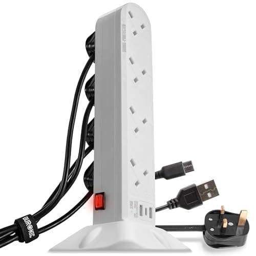 Image of Duronic Tower Extension Lead ST8W 8 Gang Surge Protected Extension leads with USB and USB-C Slot White 8 Way Electric Power Strip with Spike Protection Multi Plug Outlet Socket with 2m Cable & UK Plug