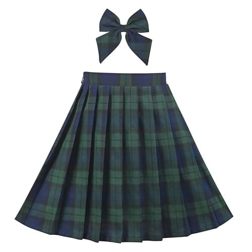 Image of Sunny Fashion Girls Skirt Green Blue Plaid Pleated Gingham Bow School Casual Classic Age 11-12 Years
