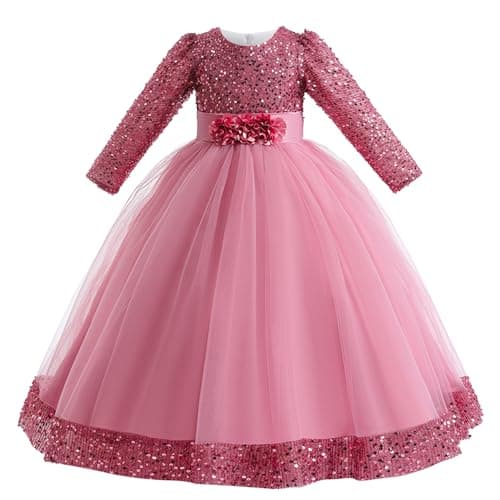 Image of Cichic Flower Girl Dress Long Puffy Sequins Tulle Ball Gowns Pageant Party Wedding Bridesmaid Dresses Dark Pink 8-9 Years