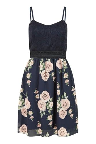 Image of Mela London Mela Navy Lace Bodice Strappy Dress with Rose Print Skirt 14 Navy