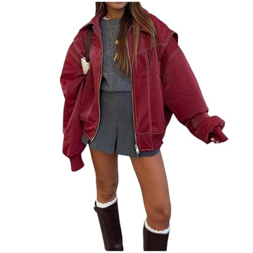 Image of Womens Oversized Leather Jackets, Vintage Zip Up Patchwork Bomber Jacket, Casual Motorcycle Coats Faux (Red,XL)