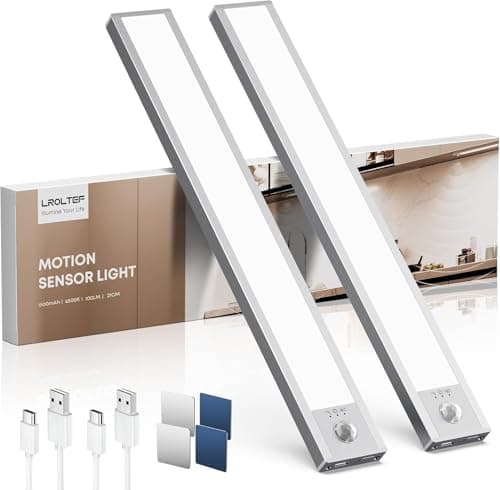 Image of LROLTEF Under Cabinet Kitchen Lights Motion Sensor Dimmable 21cm 1500mAh 6500K LED Under Counter USB-C Rechargeable Wardrobe Sensor Indoor Night Lights for Kitchen Shelf Stairs Closet 2 Pack