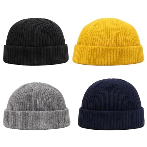 Image of Tniytru Beanie Hat Men, Fisherman Beanie, 4-Pack Winter Hats for Men in Yellow, Black, Light Gray, Navy Blue, Soft Stretchy Material, 30 x 21 cm