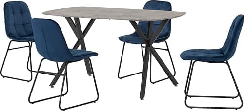 Image of Seconique Athens Dining Table Set with 4 Lukas Dining Chairs in Concrete/Sapphire Blue Velvet