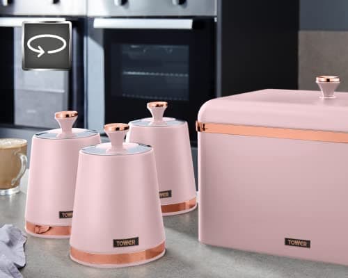 Image of TOWER Cavaletto Modern & Contemporary Bread Bin and Set of 3 Tea, Coffee & Sugar Canisters - Pink Kitchen Storage Set With Stylish Matte Finish and Elegant Rose Gold Accents